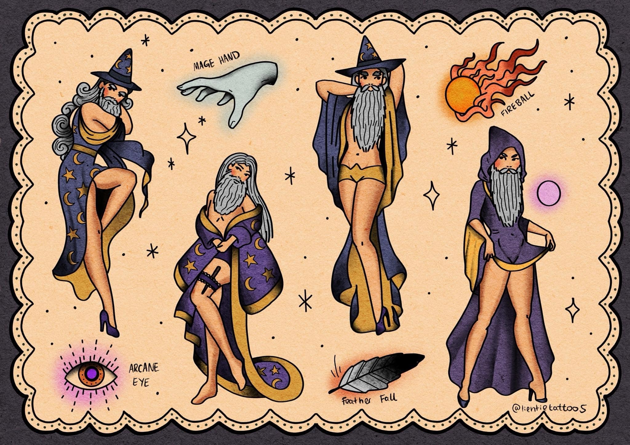 A hilarious wizard meme tattoo flash sheet, showing four different "pin-up" wizards with long beards and sexy poses.