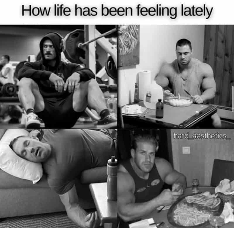 Workout meme showing four panels of bodybuilders looking exhausted and eating