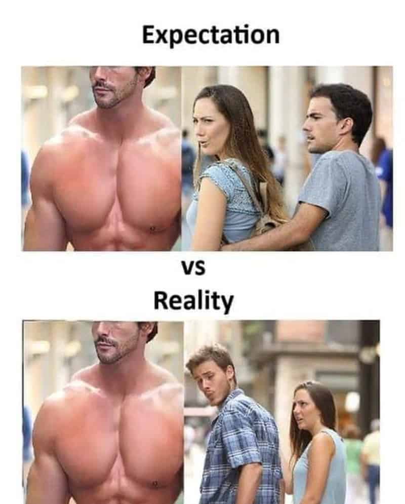 Workout meme showing the expectation vs reality of having big muscles in a shirt