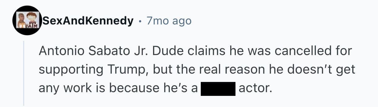 Reddit comment claiming Antonio Sabato Jr is simply a bad actor not a victim of cancel culture.