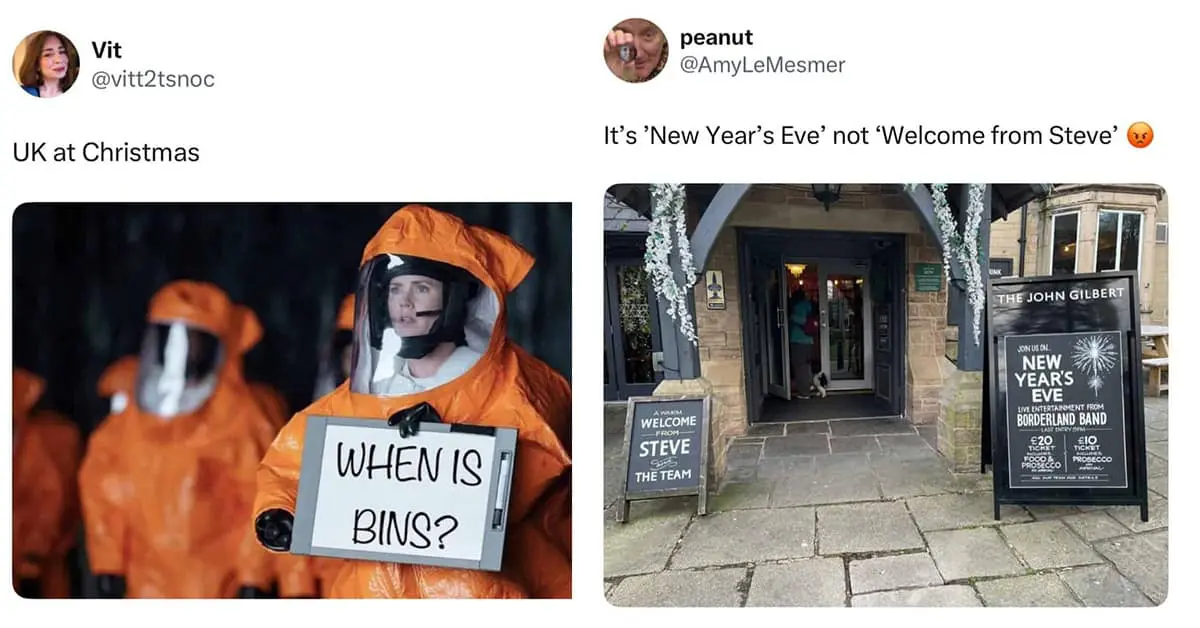 Collection of british meme images and funny british tweet compilations featuring bin day confusion and weather understatement