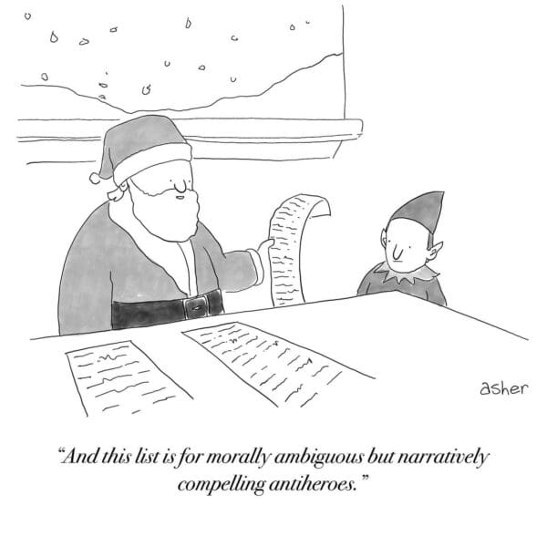 Black and white comic of Santa holding list speaking to elf at desk.