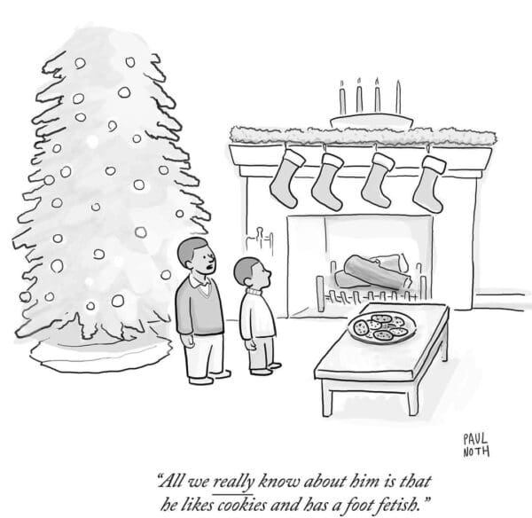 Two children staring at fireplace discussing Santa's interest in cookies and feet.