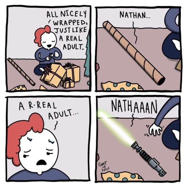 Comic of person wrapping gift then playing with cardboard tube like a lightsaber.