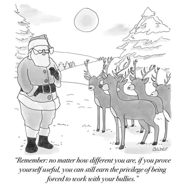 Santa standing in snow giving pep talk to team of unhappy reindeer.