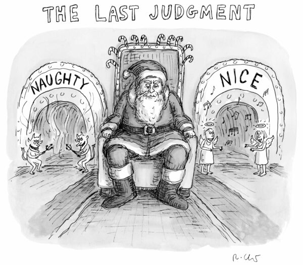 Santa sitting on throne between doors labeled Naughty and Nice with demons and angels.