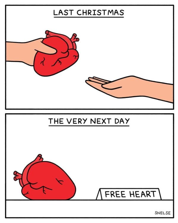 Comic showing hand giving anatomical heart and then heart in free box next day.