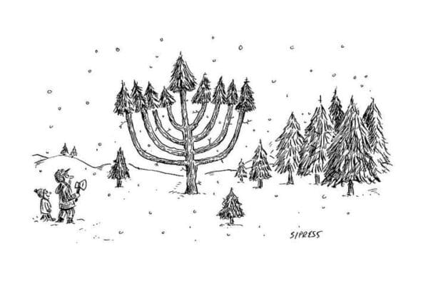 Man and child with axe looking at large tree shaped like a menorah.