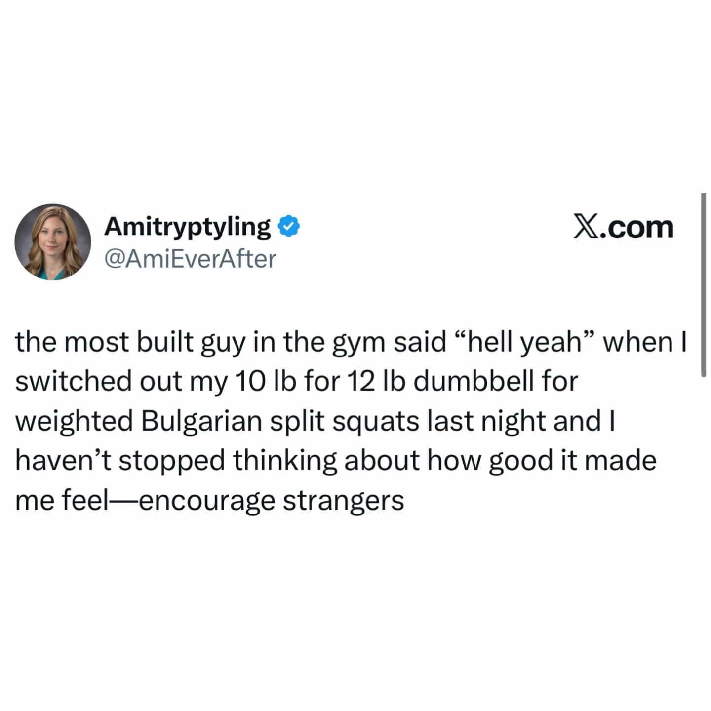 A wholesome viral tweet about a bodybuilder encouraging a woman lifting heavier weights.