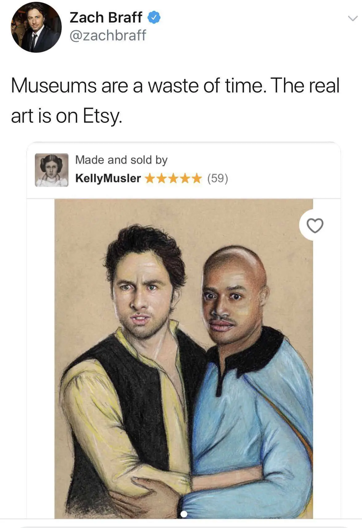A classic meme tweet from Zach Braff roasting bad fan art of him and Donald Faison.
