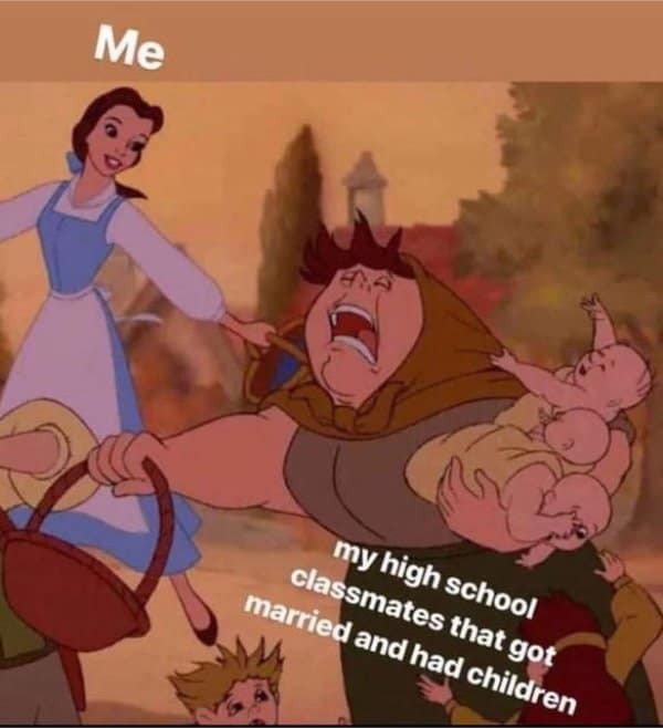 A classic meme comparing a calm Belle to a chaotic Beast covered in babies representing high school classmates.