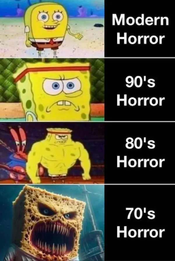 A classic meme comparing horror movie eras using different SpongeBob variations.