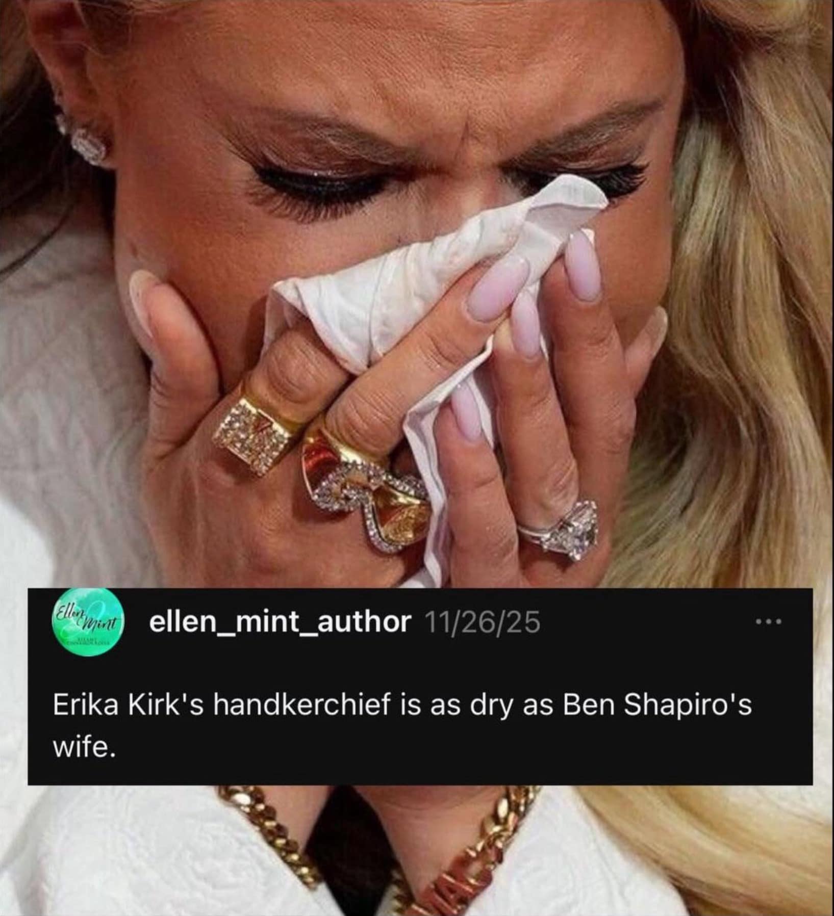 A viral tweet meme comparing a dry handkerchief to Ben Shapiro's wife.