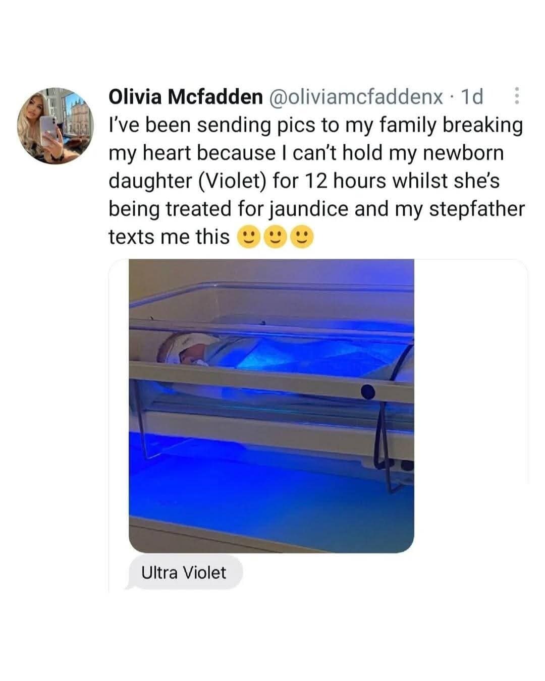 A funny text exchange where a stepfather puns Ultra Violet for a baby with jaundice under blue light.