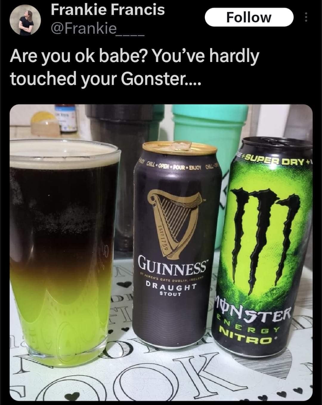 A funny meme showing a drink mix of Guinness and Monster Energy called a Gonster.