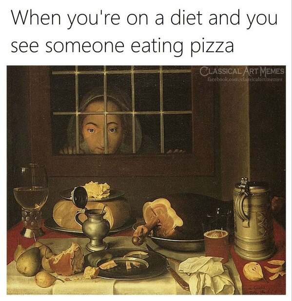 Sad woman in a painting looking out a window, captioned as a classical art meme about dieting.