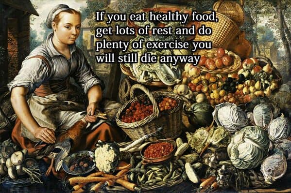 Woman surrounded by vegetables, captioned with a dark classical art meme about health.