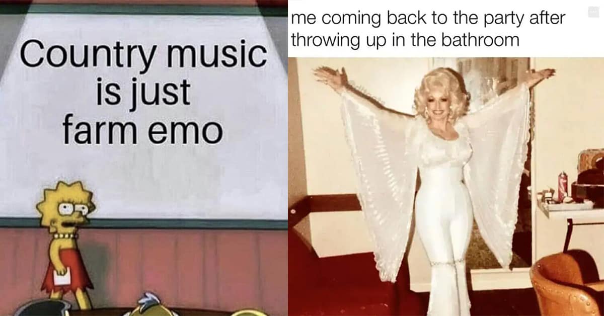 Collection of country music meme images and country memes compilations featuring Dolly Parton and George Strait