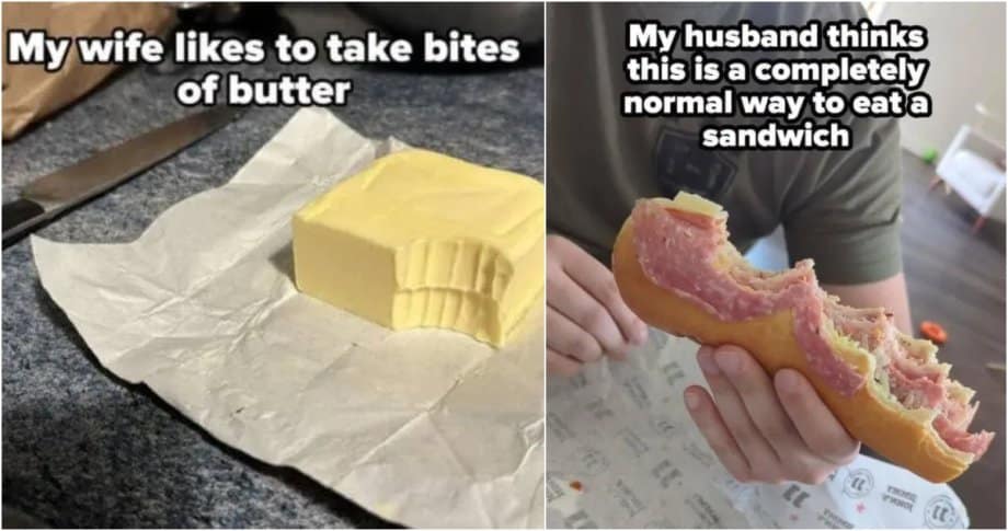 Split screen showing wife biting butter and husband eating sandwich from top.