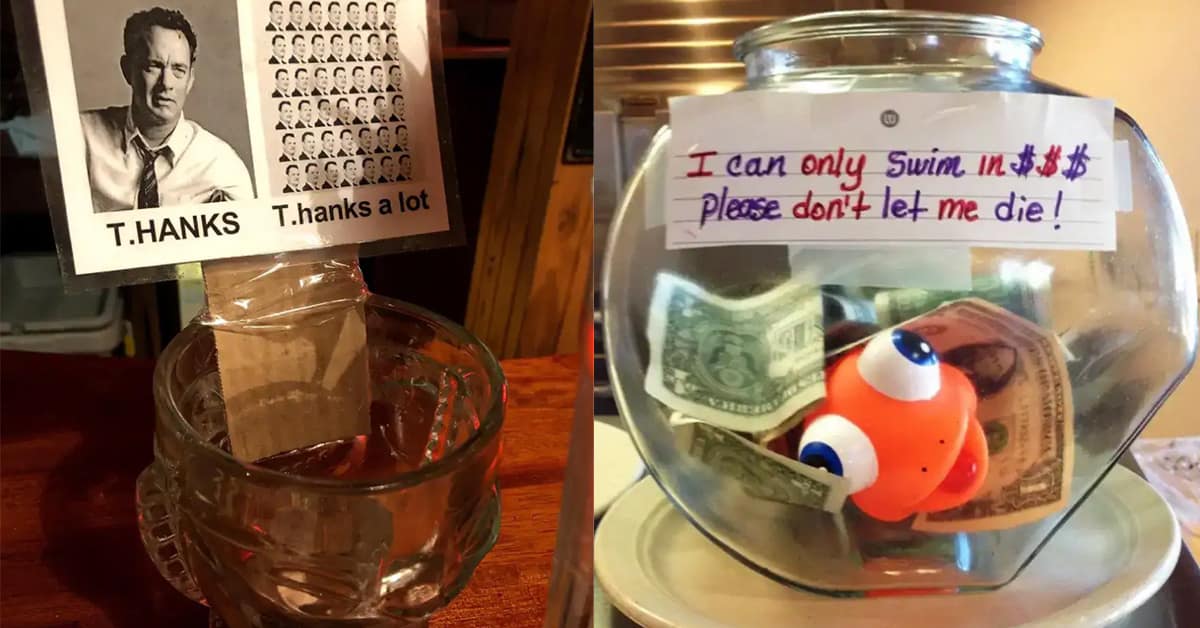 Collection of funny tip jar images and creative tip jar signs featuring Tom Hanks and sloths
