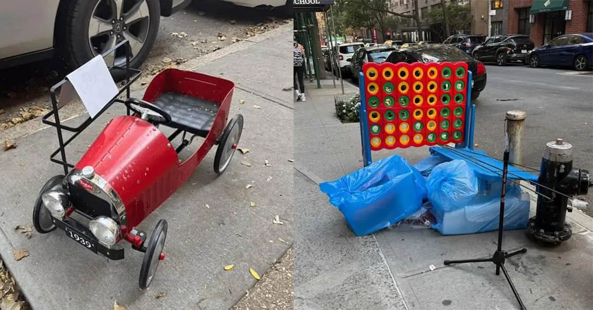 Collection of curb alert images and funny curb finds featuring disco ball tables and vintage typewriters