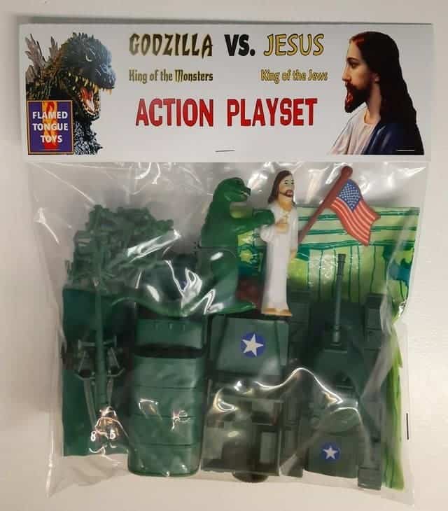 A cursed toy action playset featuring Godzilla fighting Jesus with tanks and flags.