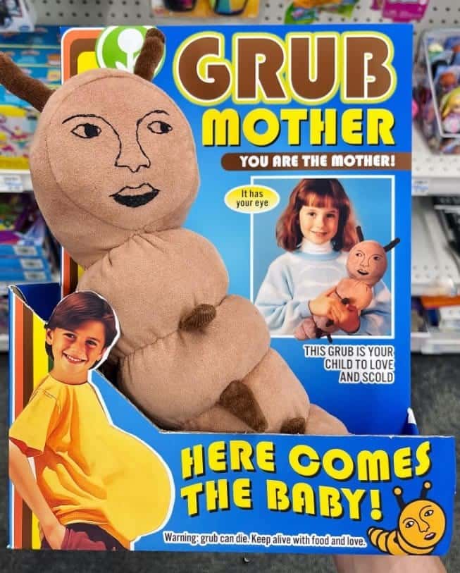 A cursed toy box for Grub Mother showing a plush worm with a human face.