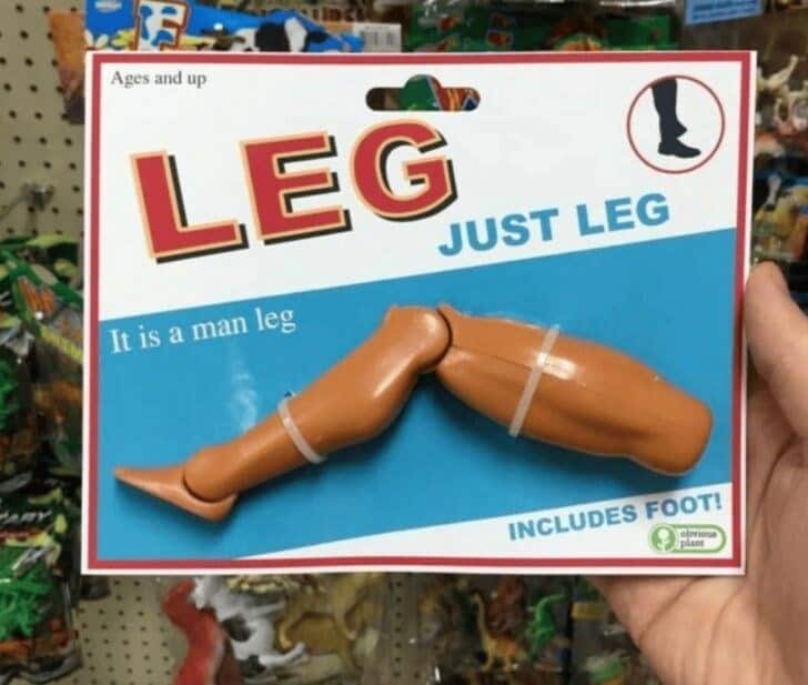 An unhinged toy packaging for a product called Leg containing a single plastic man leg.