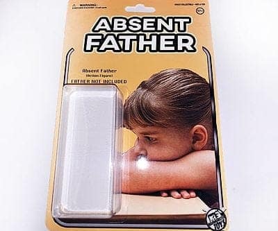 An empty action figure package labeled Absent Father