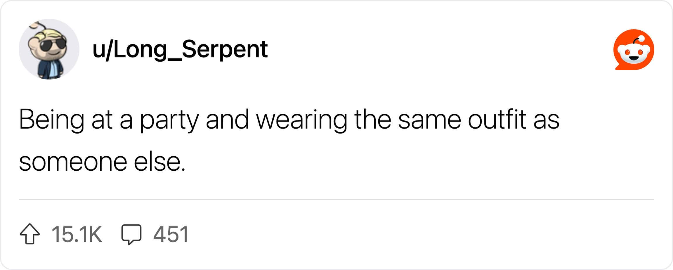 Reddit comment about the fear of matching outfits at a party.