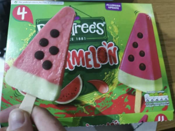 Watermelon popsicle looking exactly like the picture on the packaging box.