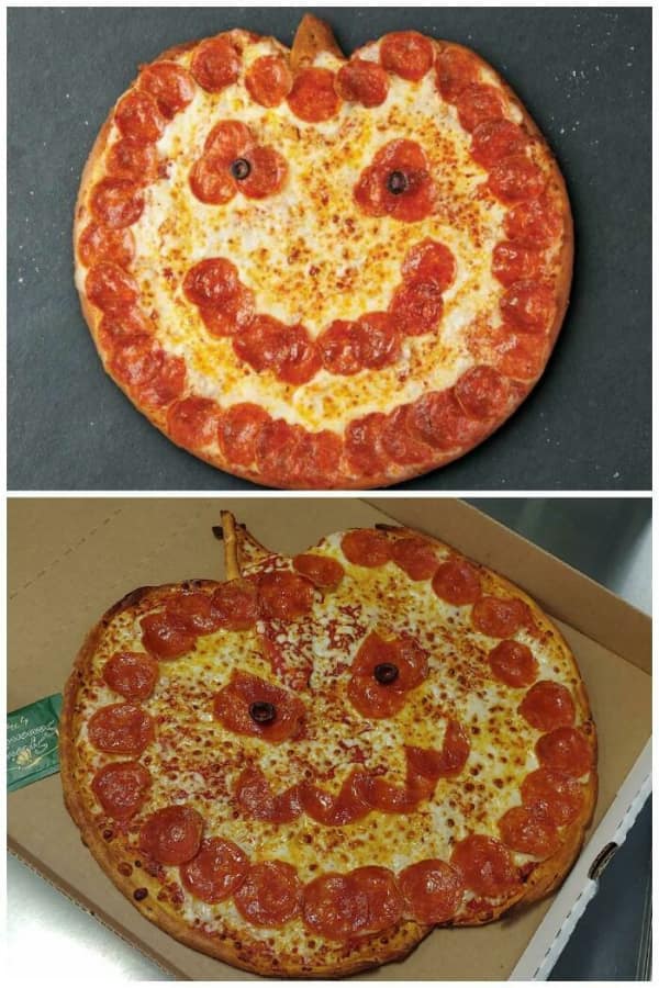 Jack-o-lantern pepperoni pizza expectation vs greasy messy reality.