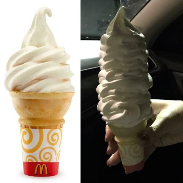 McDonald's ice cream cone advertisement vs massive real life serving.Sometimes the reality is better than the expectation, like this lucky customer who received a monstrously large serving of soft serve that puts the menu photo to shame.