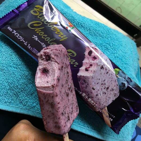 Blueberry chocolate ice cream bar with visible fruit matching the wrapper.