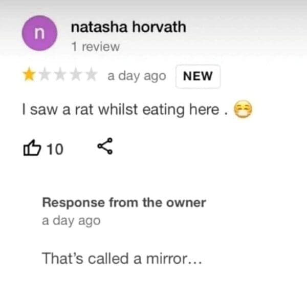 Owner replies to customer's rat sighting review by saying it was just a mirror.