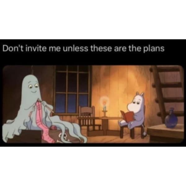 Ghost and Moomin character quietly knitting and reading together funny memes.