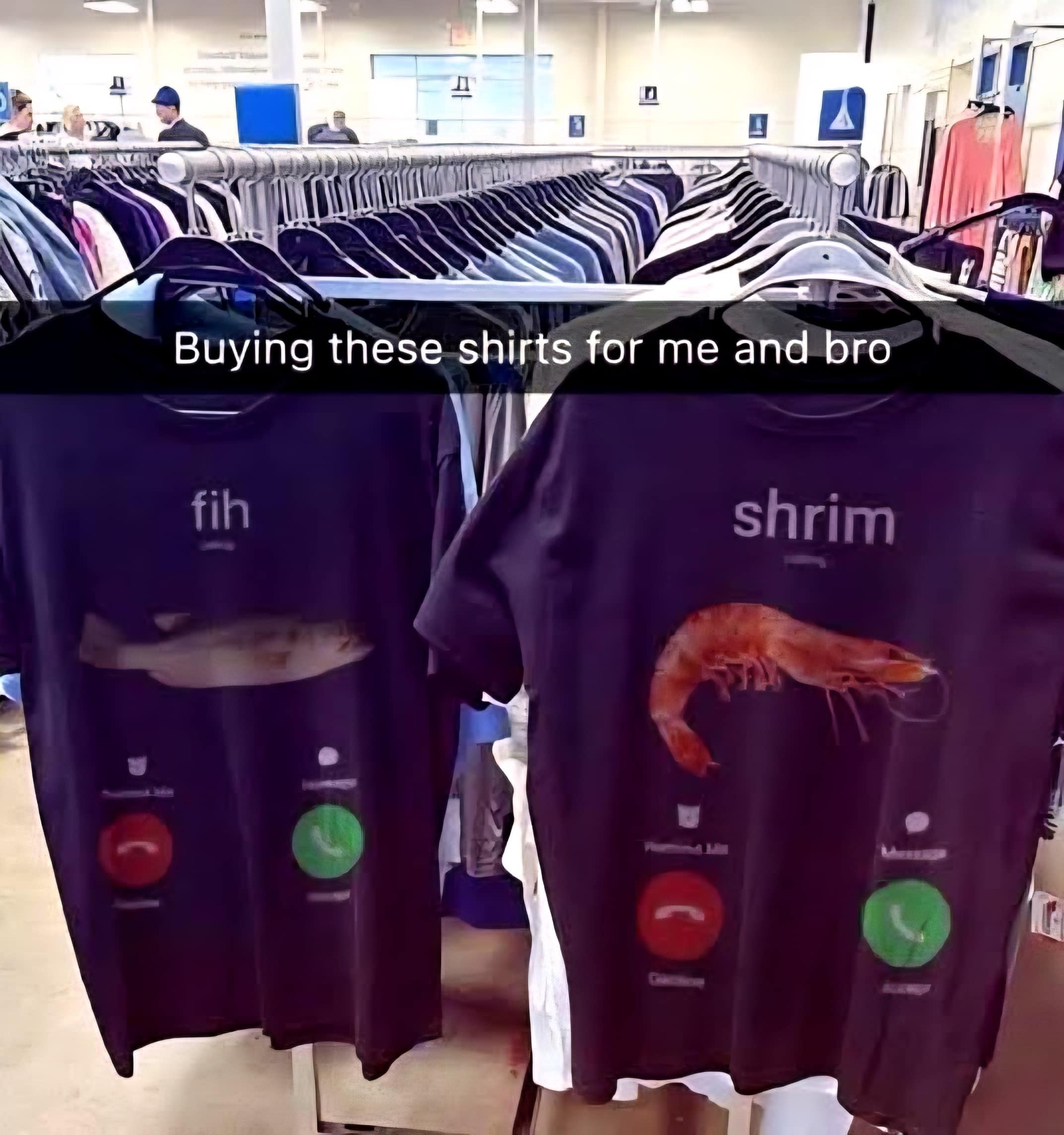 Matching purple t-shirts with low quality images of fish and shrimp funny pics.