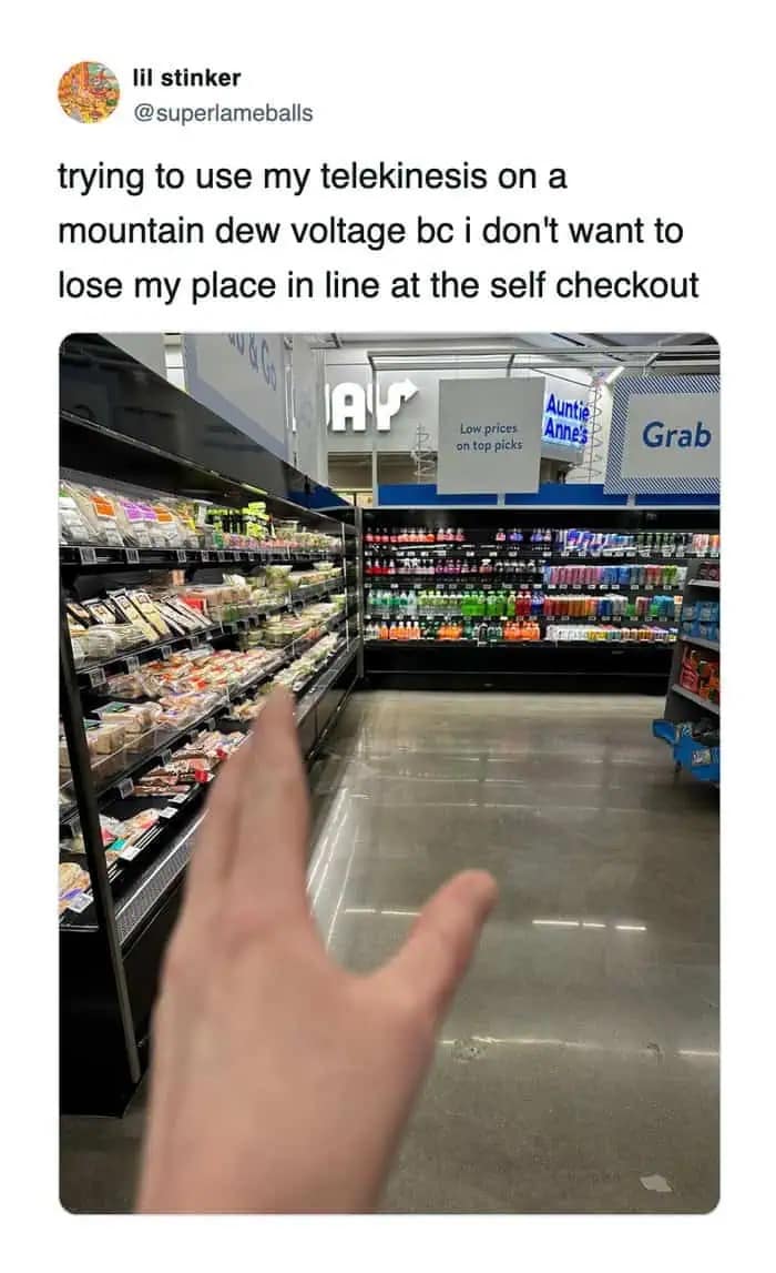 POV photo of hand trying to use force on soda aisle funny pics.