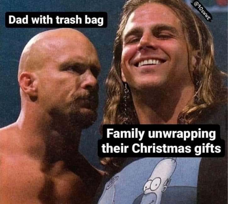 Stone Cold Steve Austin staring at Shawn Michaels representing dad with trash bag funny pics.