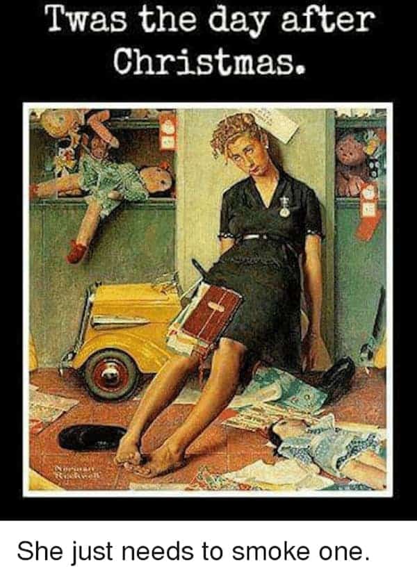 A vintage holiday hangover meme of a woman slumped in a chair surrounded by Christmas chaos.