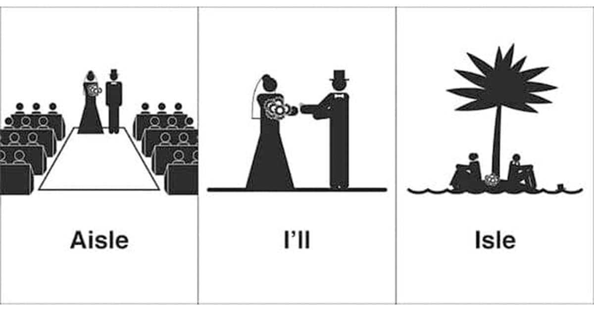 Collection of minimalist Bruce Worden homophone comic illustrations explaining confusing words.