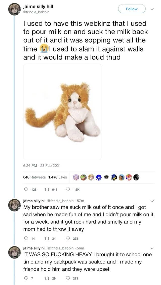 A funny meme tweet story about a child pouring milk on a Webkinz cat toy and sucking it out.