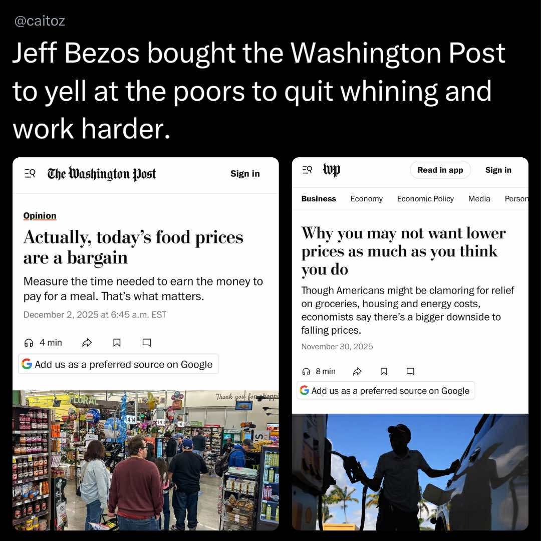A funny meme comparing Washington Post headlines about the economy to Jeff Bezos owning the paper.