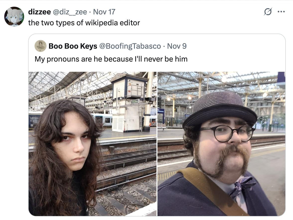 A funny meme comparing the two stereotypical looks of Wikipedia editors.