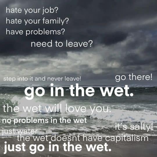 A surreal funny meme urging people to walk into the ocean if they hate their job.
