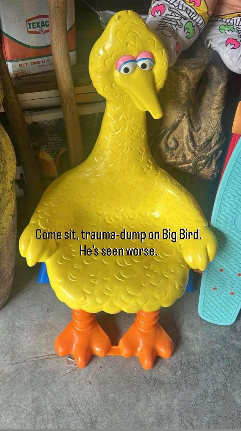 A funny meme showing a plastic Big Bird chair inviting people to trauma dump.
