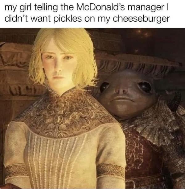 A hilarious meme comparing a girl telling a McDonald's manager about pickles to a fantasy protector.