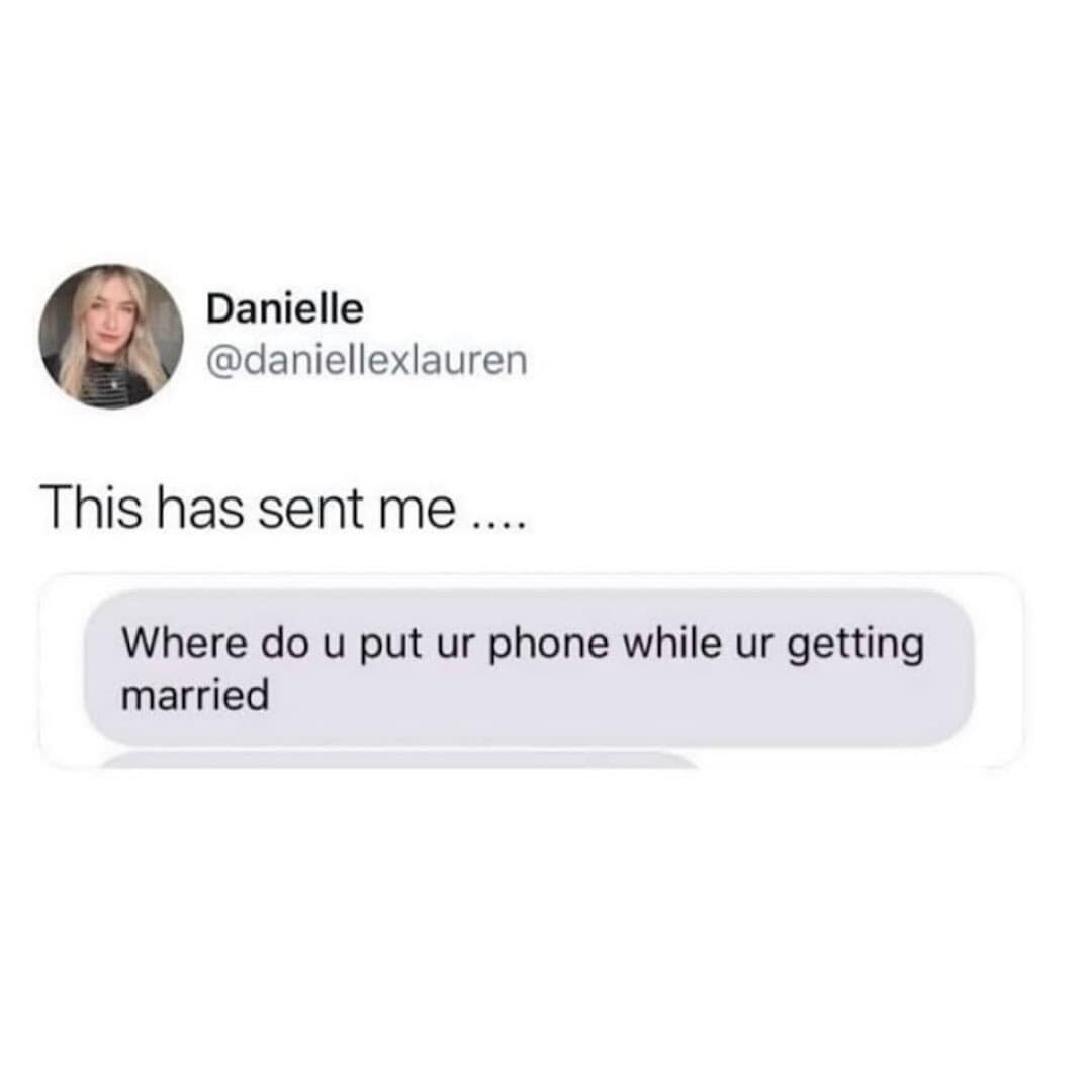 A funny text message asking where to put a phone during a wedding ceremony.