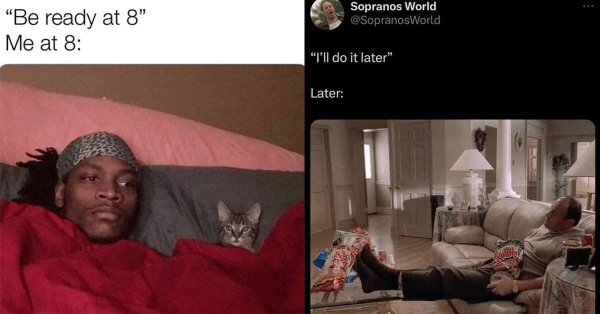 Collection of funny images about delaying work featuring a the best procrastination memes.