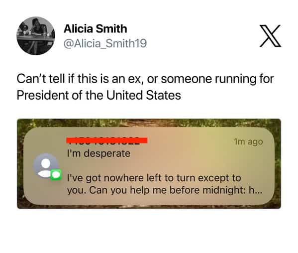 Tweet comparing a desperate text message from an ex to a political fundraising text.